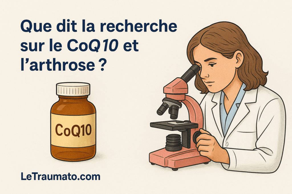 Une scientifique en blouse blanche observe un flacon de Coenzyme Q10 au microscope, accompagnée du texte “Que dit la recherche sur le CoQ10 et l’arthrose ?” – visuel orthopédique.