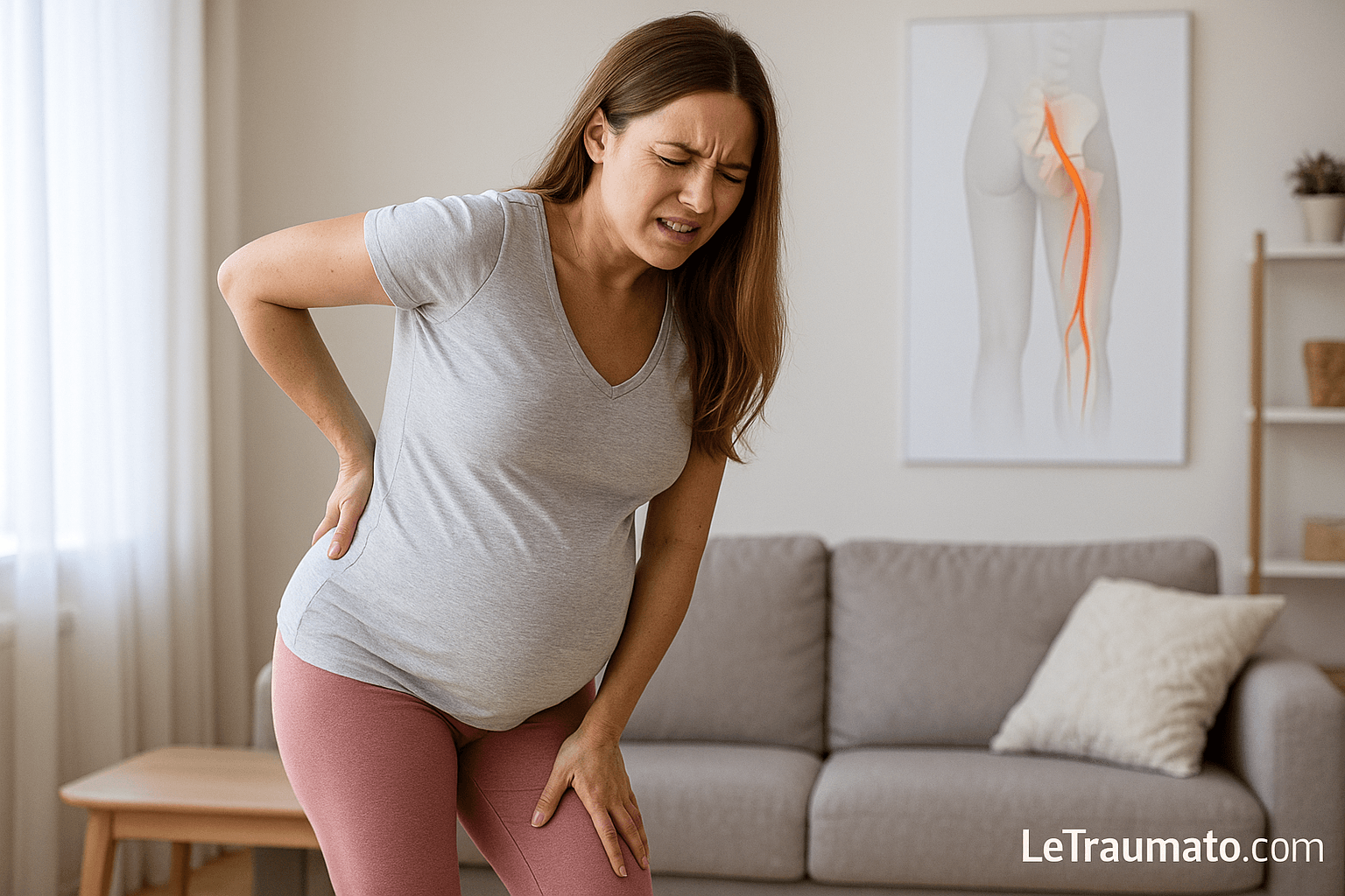 Femme enceinte souffrant de sciatique pendant la grossesse, douleur dans la jambe et le bas du dos – Traumatologie