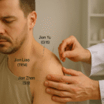 Un patient reçoit une séance d’acupuncture ciblée pour une tendinite de l’épaule. Trois aiguilles sont insérées sur les points Jian Yu (GI15), Jian Liao (TR14) et Jian Zhen (SI9), situés autour de l’articulation gléno-humérale. L’image illustre une technique de soin douce, réalisée dans un cadre médical apaisant. Mention discrète de la marque LeTraumato.com en bas à droite.
