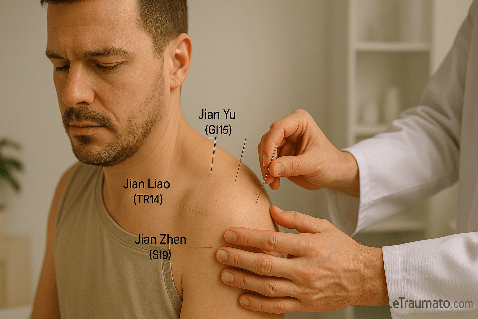 Un patient reçoit une séance d’acupuncture ciblée pour une tendinite de l’épaule. Trois aiguilles sont insérées sur les points Jian Yu (GI15), Jian Liao (TR14) et Jian Zhen (SI9), situés autour de l’articulation gléno-humérale. L’image illustre une technique de soin douce, réalisée dans un cadre médical apaisant. Mention discrète de la marque LeTraumato.com en bas à droite.