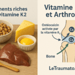 Aliments riches en vitamine K2 et schéma de l’impact de la vitamine K2 sur l’arthrose – illustration en traumatologie orthopédique