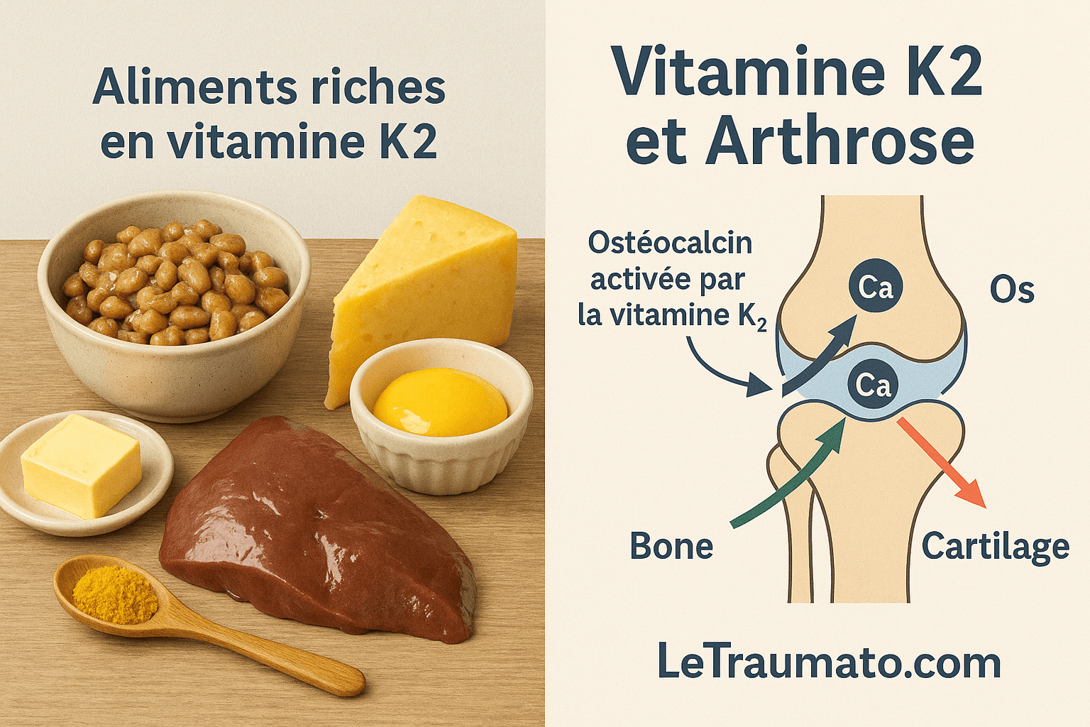 Aliments riches en vitamine K2 et schéma de l’impact de la vitamine K2 sur l’arthrose – illustration en traumatologie orthopédique