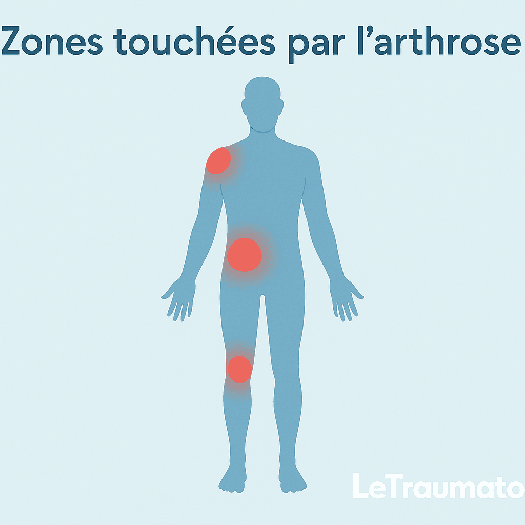 Infographie des zones touchées par l’arthrose : genou, hanche, main
