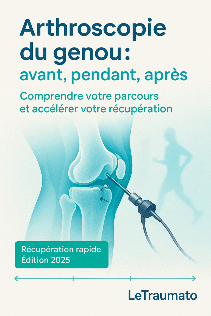 Couverture de l’e-book « Arthroscopie du genou : avant, pendant, après » édité par LeTraumato.com. L’image représente une illustration anatomique du genou avec un arthroscope, symbole de la chirurgie mini-invasive. Le guide aide les patients à comprendre chaque étape de leur parcours chirurgical et à accélérer leur récupération fonctionnelle après une arthroscopie du genou. (Édition 2025 – LeTraumato.com)