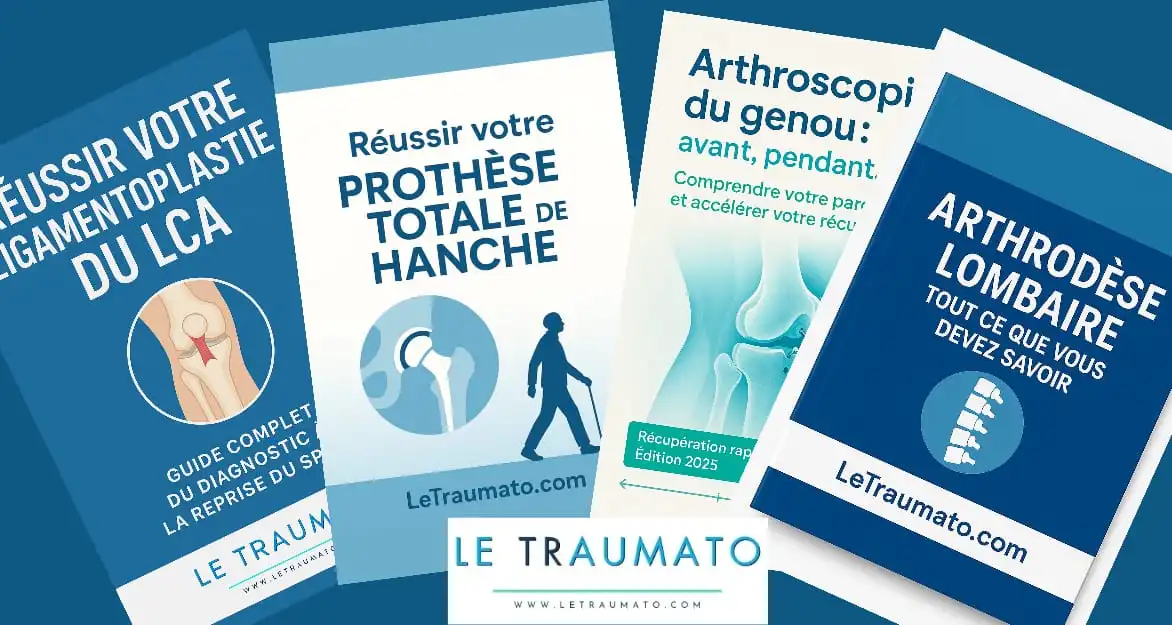 Visuel présentant quatre eBooks de la collection LeTraumato.com : « Réussir votre ligamentoplastie du LCA », « Réussir votre prothèse totale de hanche », « Arthroscopie du genou : avant, pendant, après », et « Arthrodèse lombaire : tout ce que vous devez savoir ». Ces guides pédagogiques accompagnent les patients dans leur parcours chirurgical orthopédique. (Collection LeTraumato.com)