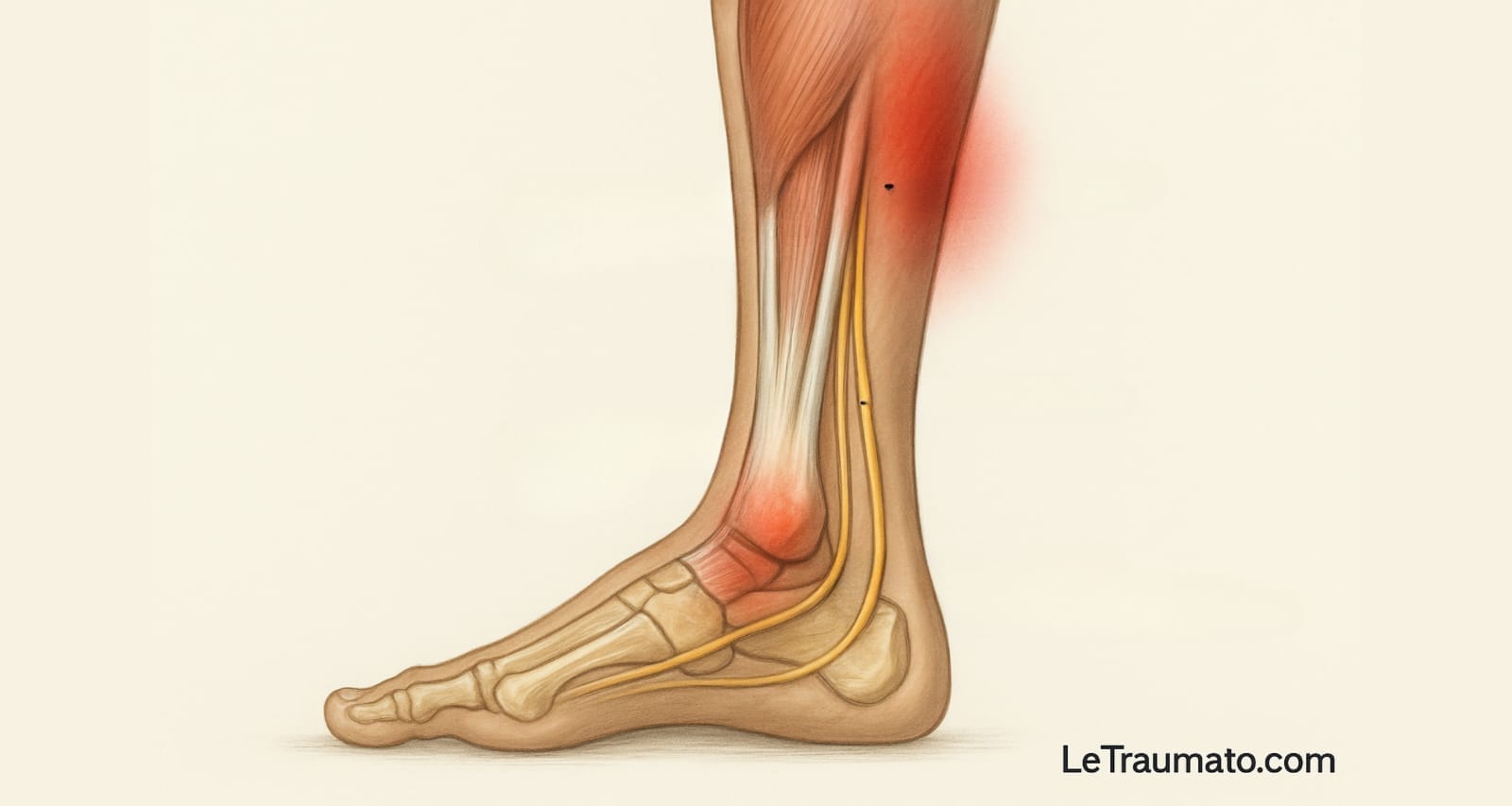 Vue anatomique de la cheville et du mollet avec les zones douloureuses remontantes – orthopédiste Traumatologie