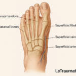 Anatomie du dessus du pied montrant les tendons extenseurs, vue médicale par LeTraumato