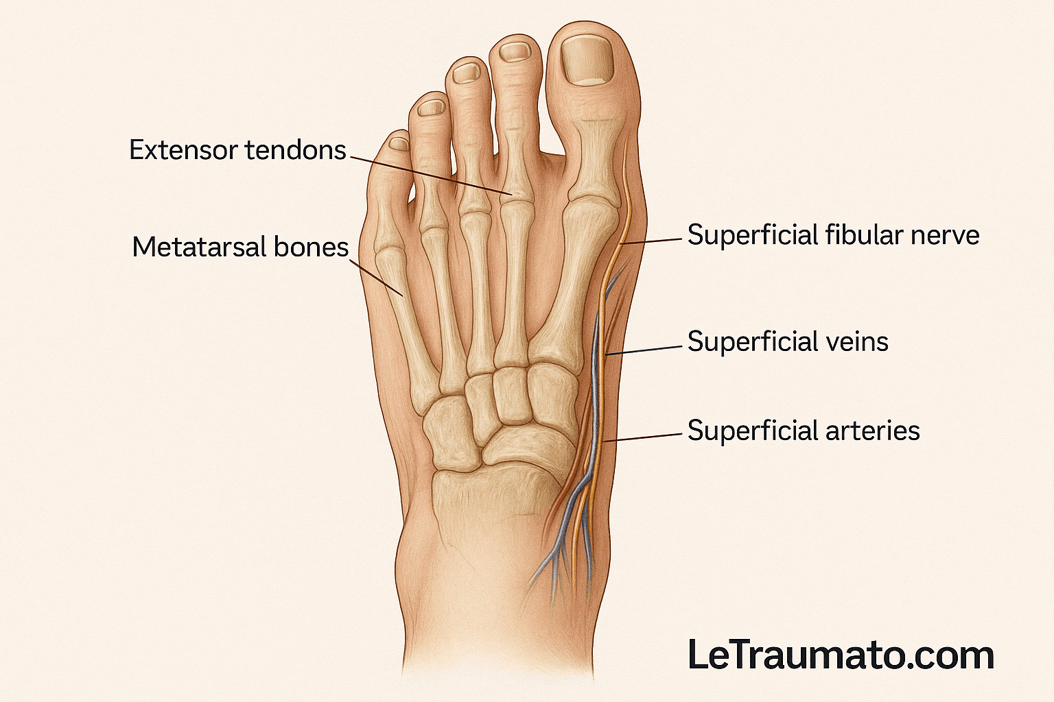 Anatomie du dessus du pied montrant les tendons extenseurs, vue médicale par LeTraumato