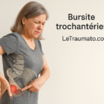 Femme montrant la douleur typique de la bursite trochantérienne au niveau de la hanche – illustration orthopédique par LeTraumato