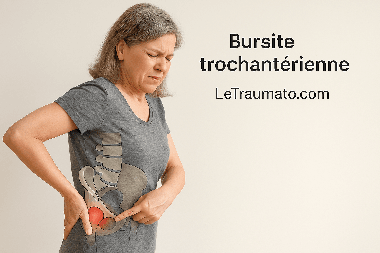 Femme montrant la douleur typique de la bursite trochantérienne au niveau de la hanche – illustration orthopédique par LeTraumato