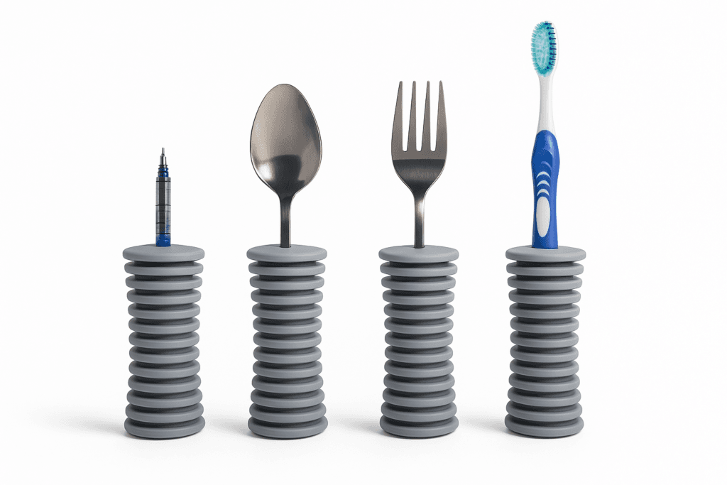 Ustensiles de cuisine ergonomiques à manches élargis illustrant l’adaptation du matériel quotidien chez les patients atteints de rhizarthrose, avec réduction de l’effort de pincement et de la douleur au niveau de l’articulation trapézo-métacarpienne du pouce