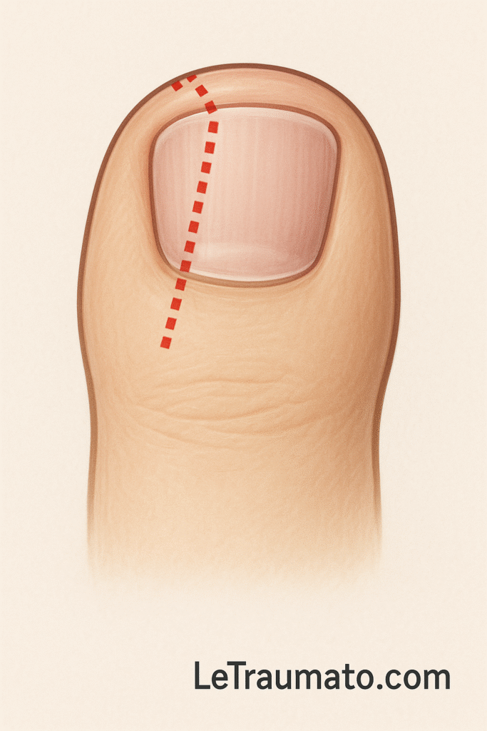 Image médicale montrant un gros orteil vu de face, avec un tracé rouge en pointillés sur l’ongle indiquant la zone à retirer en cas d’ongle incarné. Cette coupe partielle permet d’éliminer la portion de l’ongle qui s’enfonce dans la peau et provoque douleur et inflammation. L’illustration inclut la mention “LeTraumato.com” en bas à droite.