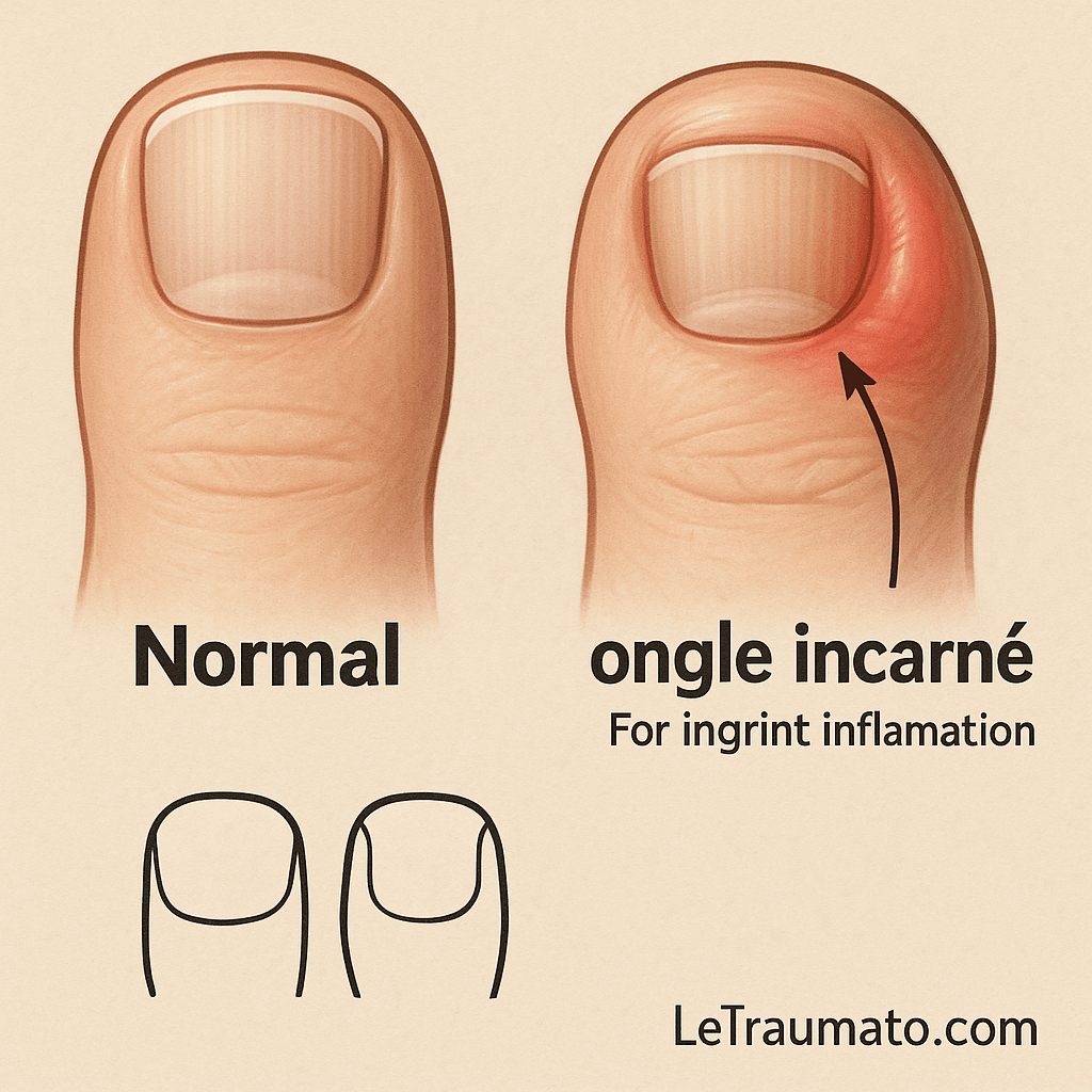 Comparaison visuelle entre un ongle normal et un ongle incarné. À gauche, un schéma montre un ongle bien coupé et sans inflammation ; à droite, un orteil présente un ongle incarné avec rougeur, gonflement et douleur localisée sur le bord de l’ongle. L’image met en évidence la mauvaise repousse de l’ongle dans la peau.