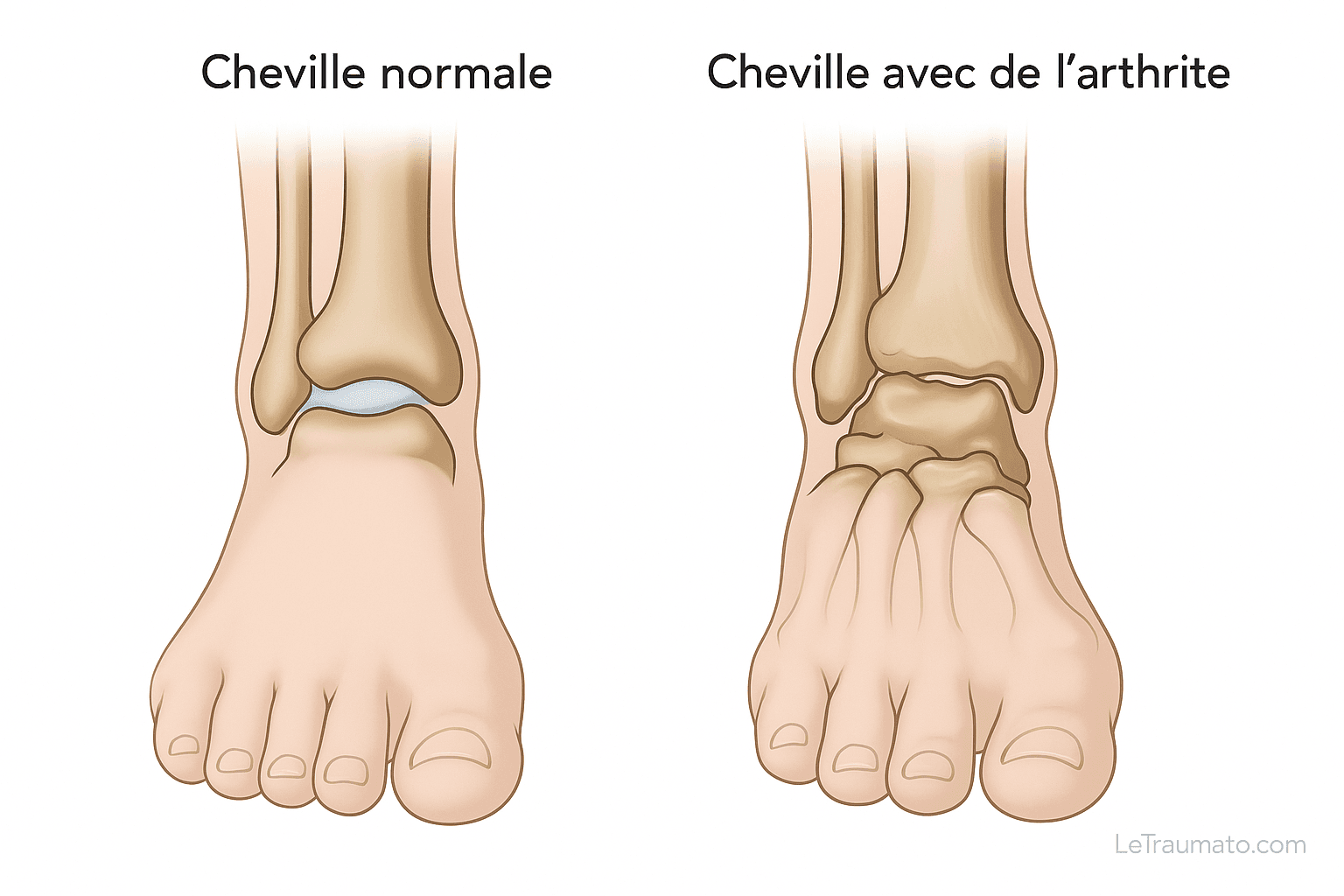 Image pédagogique comparant une cheville normale avec cartilage préservé et une cheville douloureuse sans gonflement apparent mais marquée par de l’arthrose. L’absence d’inflammation visible ne signifie pas absence de pathologie. L’objectif est de sensibiliser à l’arthrose et autres causes silencieuses de douleur chronique de la cheville.