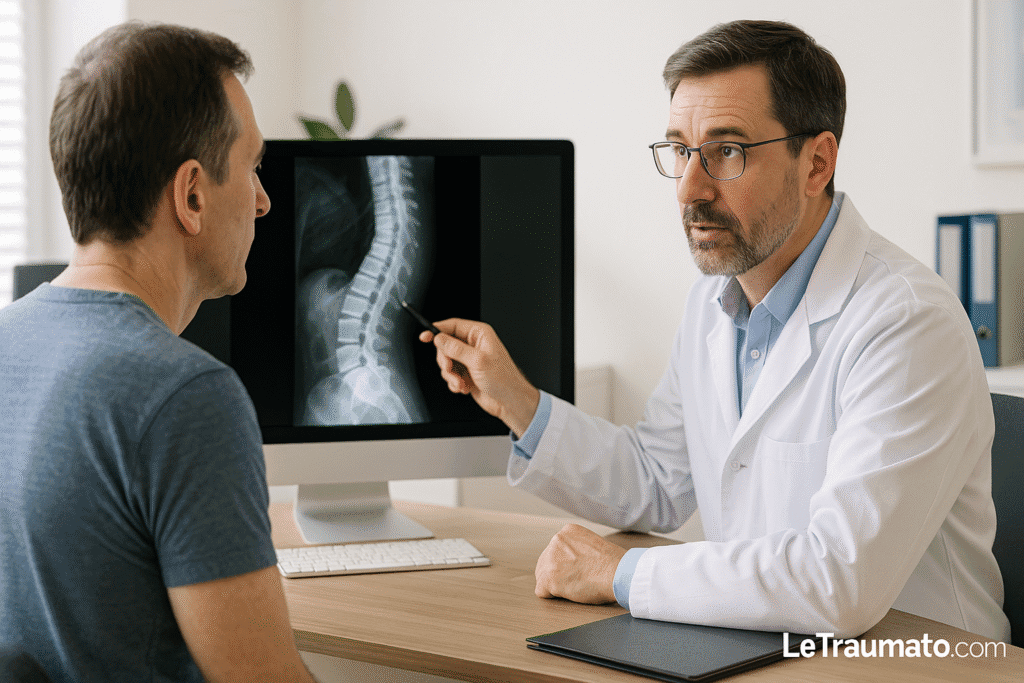 Consultation entre un adulte atteint de scoliose et un orthopédiste analysant une radiographie de la colonne – image LeTraumato en traumatologie