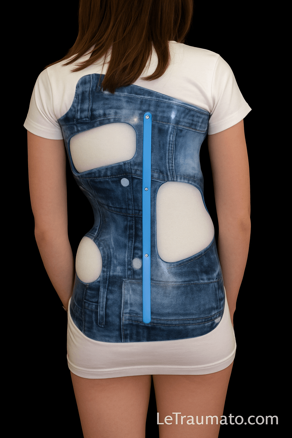 Vue arrière d’un corset de scoliose porté par une jeune femme, conçu avec un motif imitant un jean bleu. Le corset comprend des zones de décharge en mousse blanche et une tige de renfort bleue au centre du dos. L’image met en valeur le design esthétique et fonctionnel de l’orthèse.