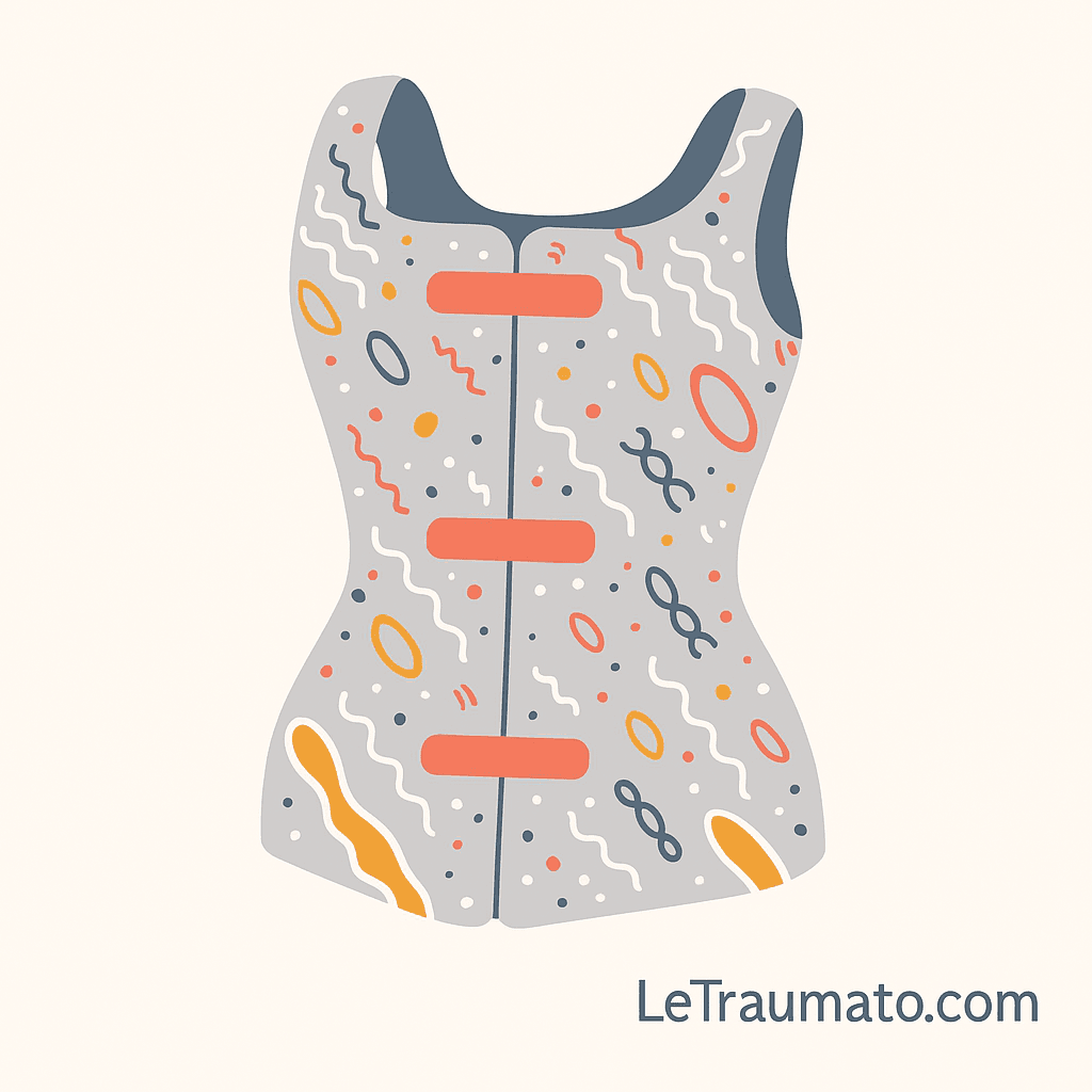 Illustration vectorielle d’un corset pour scoliose, présenté seul sur fond beige. Le corset est orné de motifs abstraits colorés (vagues, points, cercles) en orange, bleu et blanc, avec trois bandes de fermeture rouge pâle. L’image inclut discrètement le nom de marque "LeTraumato.com" en bas à droite.