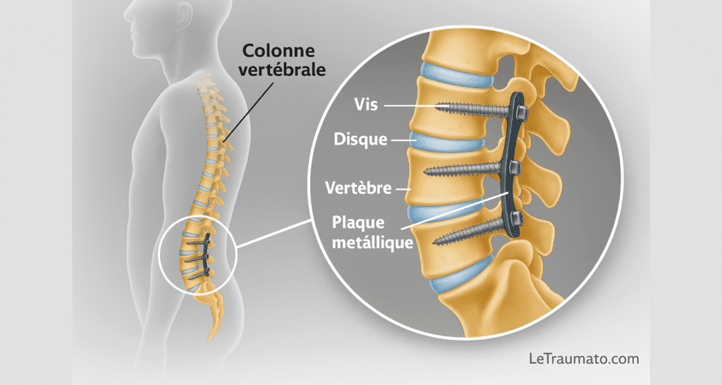 Illustration médicale de profil montrant la colonne lombaire d’un corps humain, avec un zoom circulaire sur une arthrodèse postérieure. Sont visibles les vertèbres en jaune, les disques intervertébraux en bleu, une plaque métallique noire fixée par des vis. L’image est annotée en français avec les termes : vis, disque, vertèbre, plaque métallique. Style clair et pédagogique.