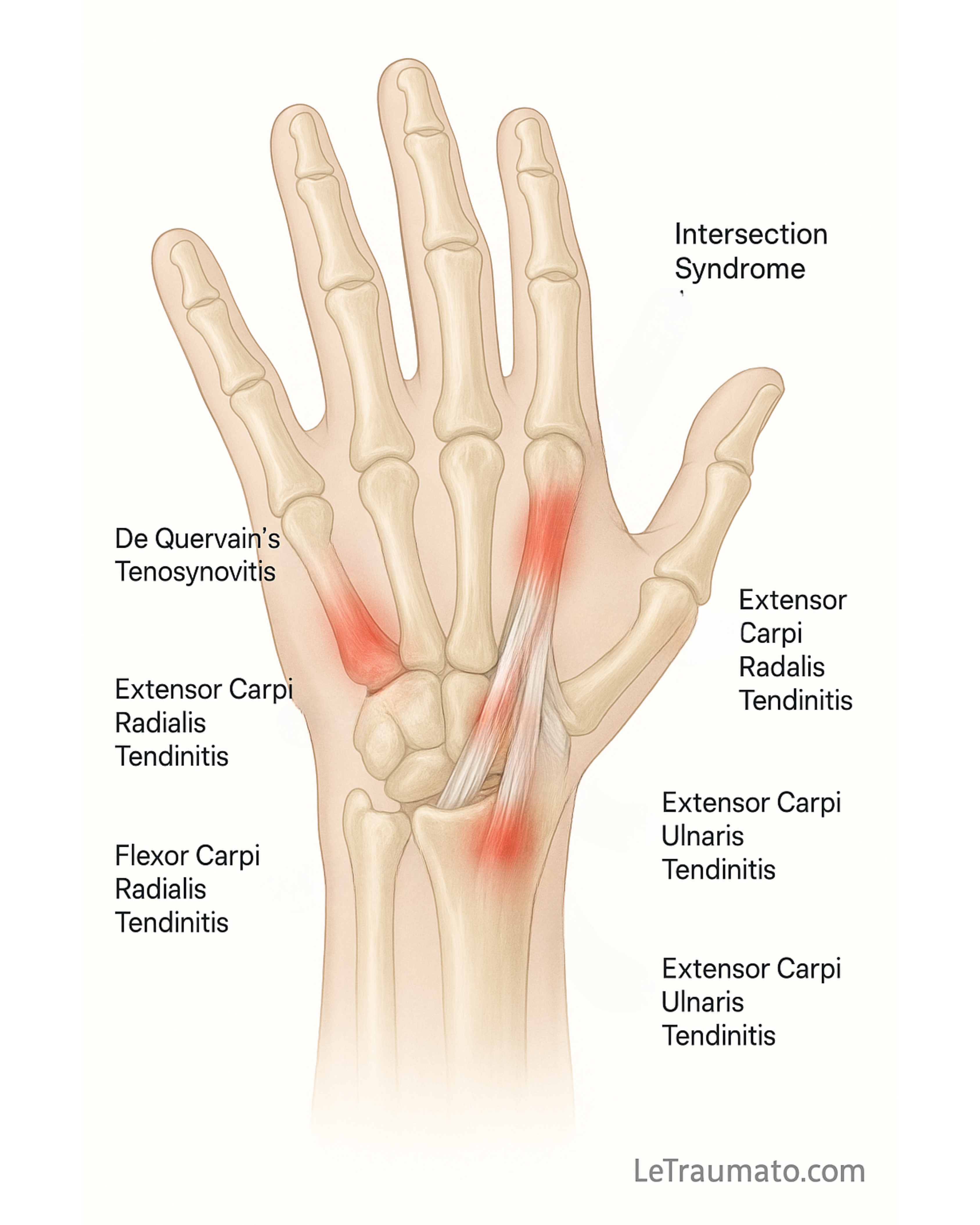 Vue anatomique dorsale du poignet représentant cinq types de tendinites courantes : De Quervain, extenseur radial, fléchisseur radial, extenseur ulnaire du carpe (EUC) et syndrome d’intersection. Les zones enflammées sont indiquées en rouge. L’image est étiquetée de manière claire pour l’usage médical et éducatif. Mention discrète de la marque LeTraumato.com en bas à droite.