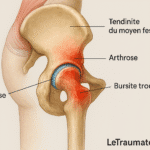 illustration réaliste des causes de douleur de la hanche en orthopédie (arthrose, tendinite), par LeTraumato
