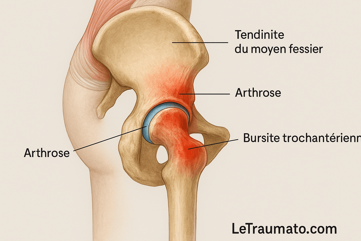 illustration réaliste des causes de douleur de la hanche en orthopédie (arthrose, tendinite), par LeTraumato
