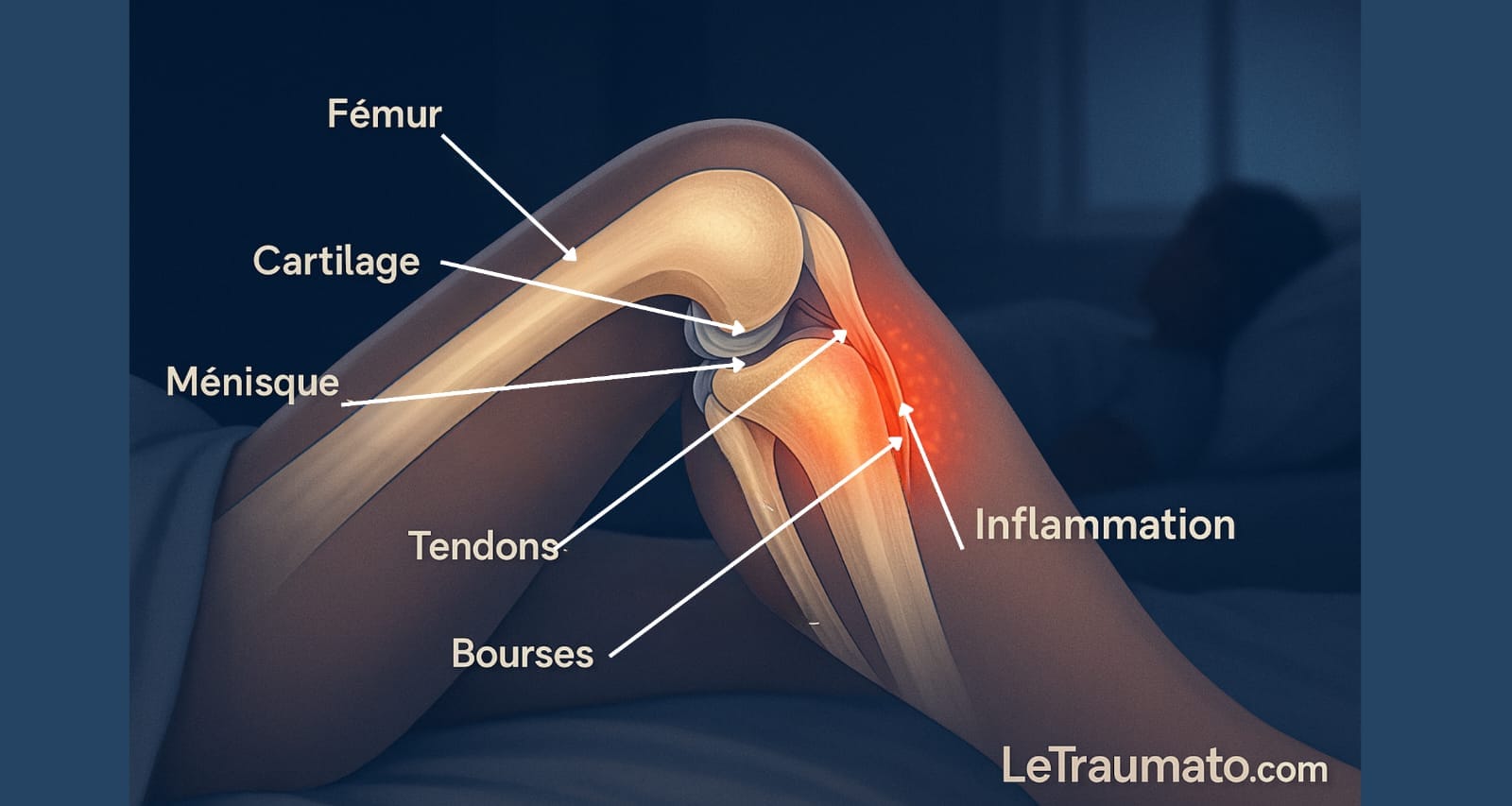 Anatomie du genou en douleur au repos la nuit – vue médicale réaliste