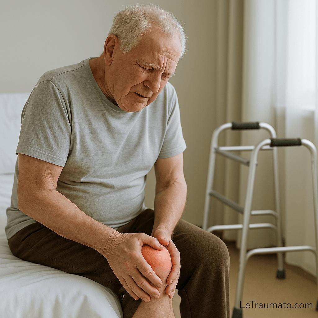 Un homme âgé est assis sur un lit, exprimant une douleur marquée au niveau du genou. Il tient son articulation gonflée à deux mains, le visage crispé par la douleur. À l’arrière-plan, un déambulateur suggère une mobilité réduite. L’image illustre les douleurs articulaires liées au vieillissement, telles que l’arthrose ou la chondrocalcinose.