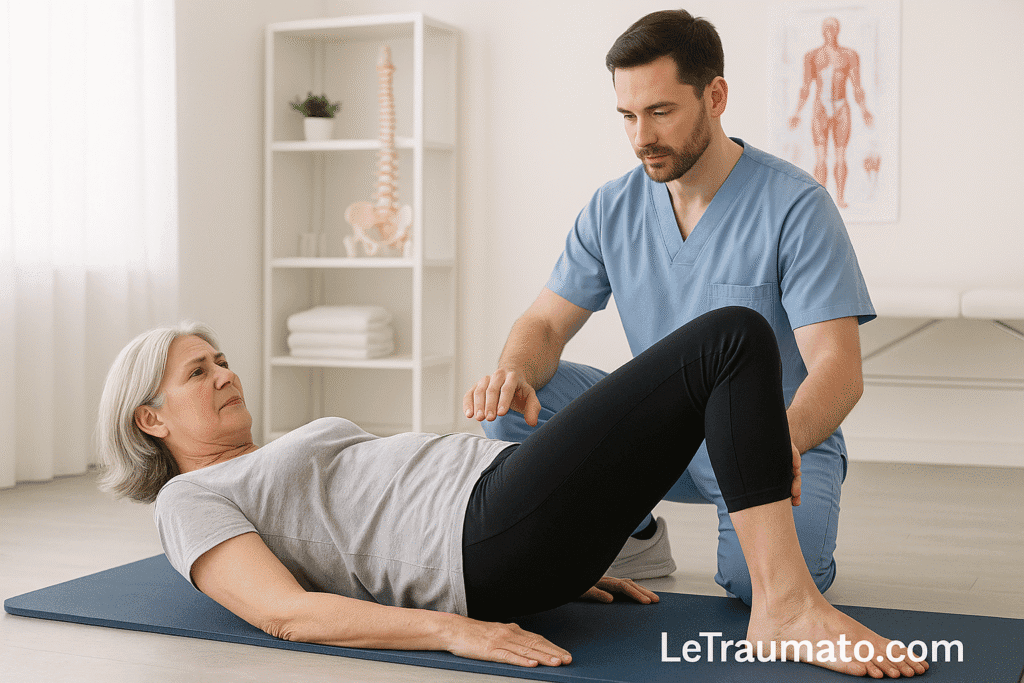 femme en rééducation pour douleur de la hanche, encadrée par un kinésithérapeute orthopédiste, par LeTraumato