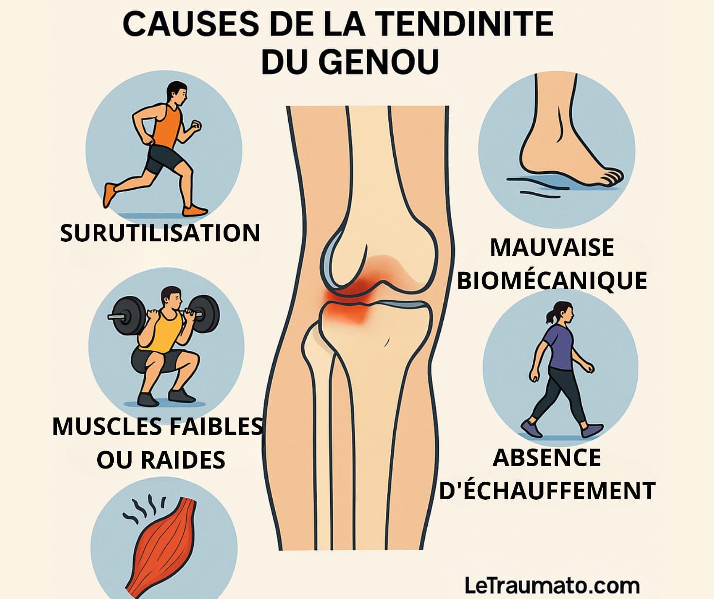 Illustration médicale montrant une vue anatomique du genou avec inflammation du tendon rotulien, entourée de cinq causes fréquentes de tendinite : surutilisation (coureur), mauvaise biomécanique (pied désaligné), muscles faibles ou raides (muscle rouge contracté), absence d’échauffement (marche rapide) et surcharge (squat avec haltères). Image signée LeTraumato.com, à visée informative et préventive.