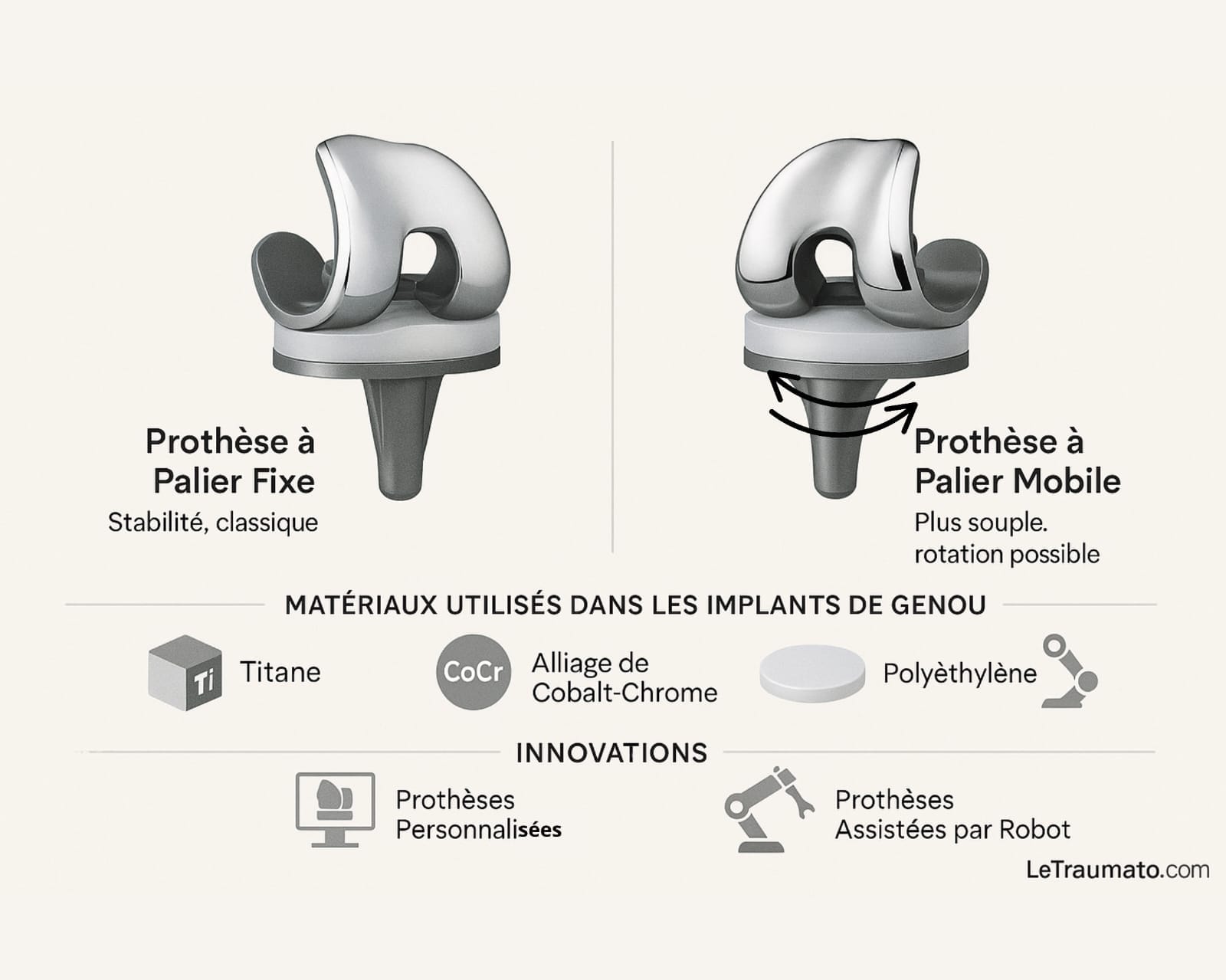 Image pédagogique présentant côte à côte une prothèse à palier fixe et une prothèse à palier mobile, avec en bas un aperçu des matériaux utilisés (titane, cobalt-chrome, polyéthylène) et des innovations technologiques (prothèse personnalisée par imagerie 3D, assistance robotisée). Cette illustration vise à expliquer les différences de conception et les progrès récents en arthroplastie du genou. Source : LeTraumato.com.