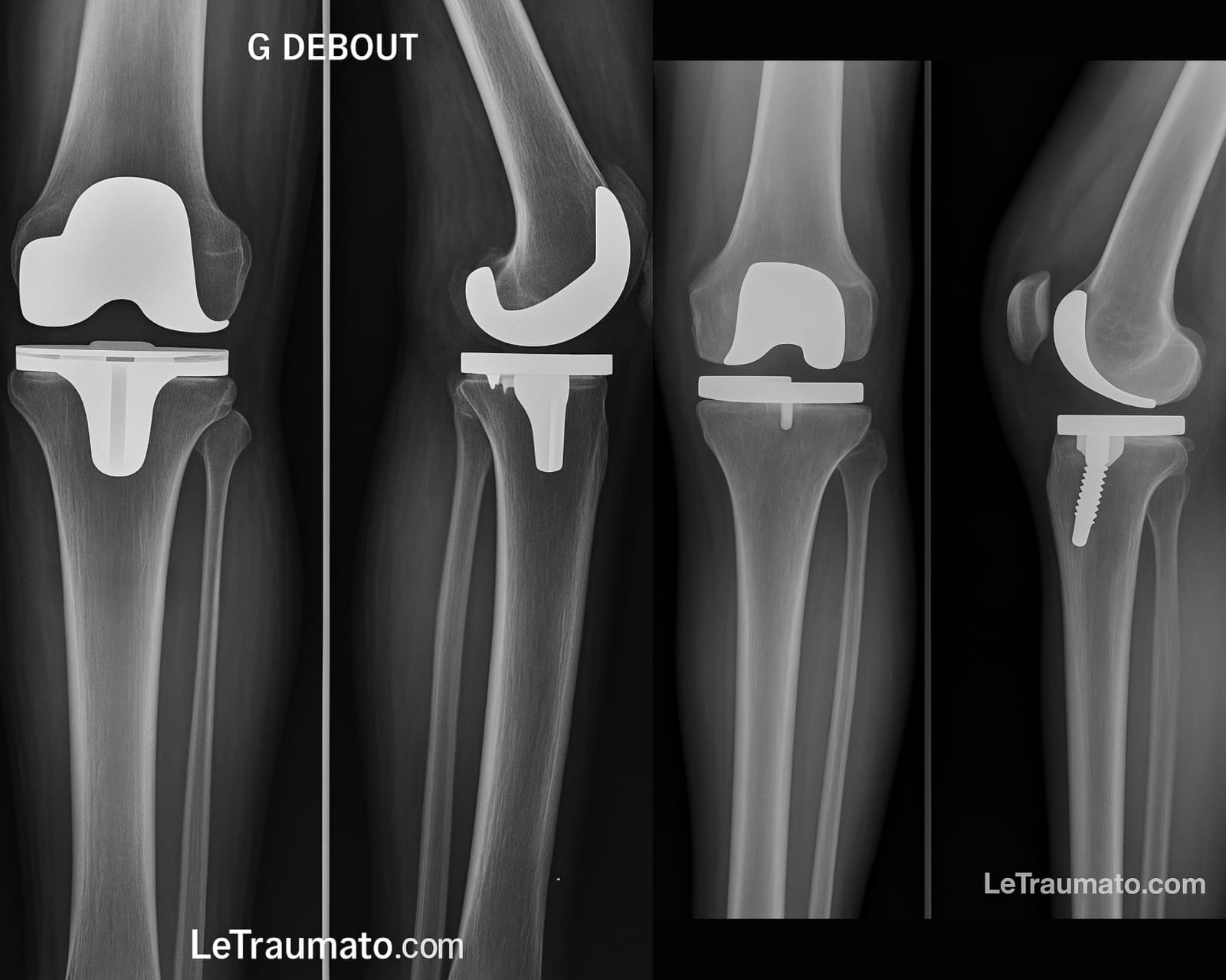 Radiographies médicales en noir et blanc montrant deux types de prothèses de genou. À gauche, une prothèse totale remplaçant l’ensemble des surfaces articulaires fémorales et tibiales. À droite, une prothèse unicompartimentale remplaçant uniquement le compartiment médial, avec vis de fixation tibiale visible. Image signée LeTraumato.com, vue en haute résolution.