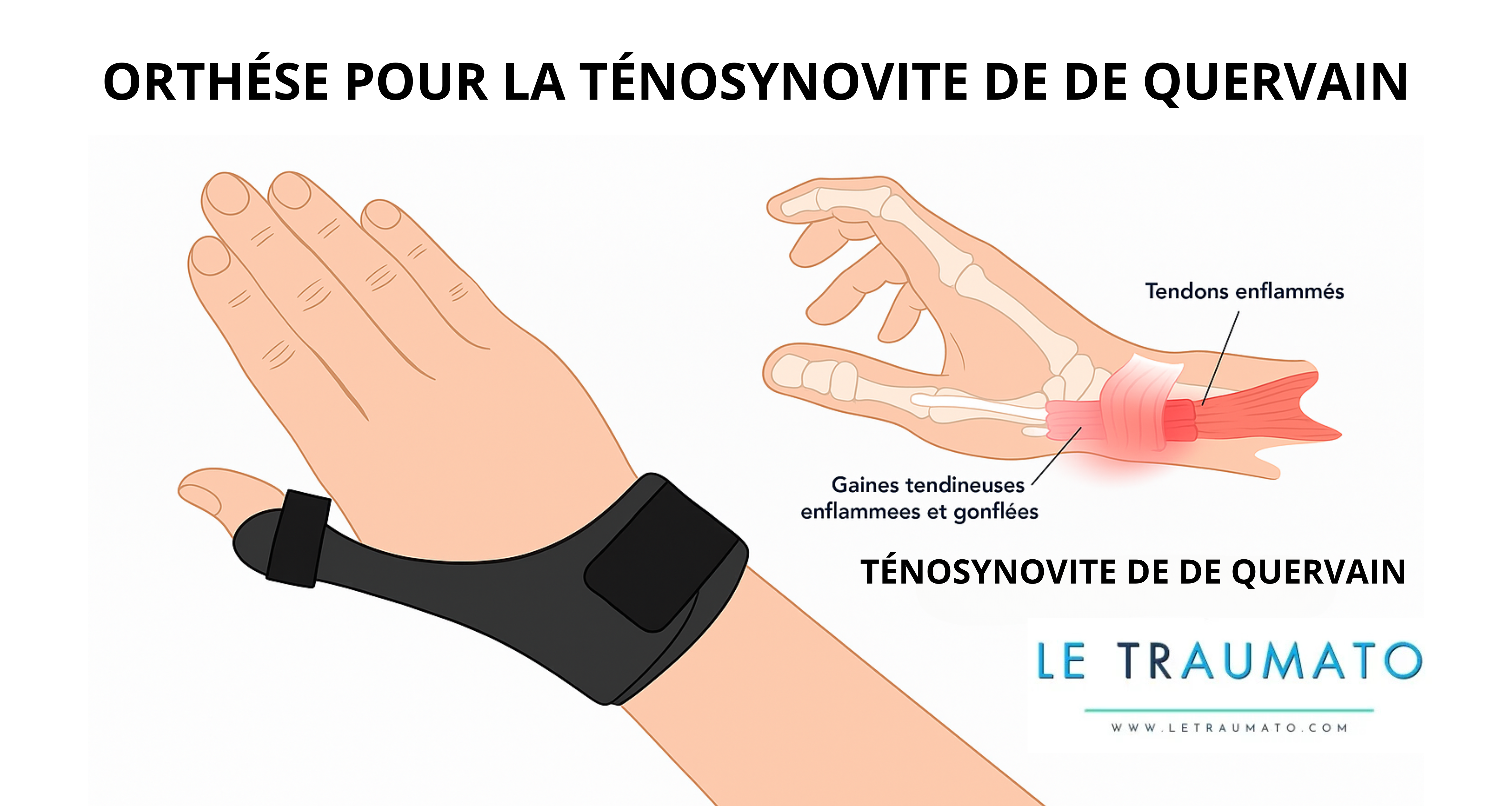Infographie illustrant une main portant une orthèse noire pour la ténosynovite de De Quervain, accompagnée d’un schéma anatomique mettant en évidence les tendons et gaines enflammés au niveau du poignet. L’image est extraite de l’article Tendinites du poignet, avec mention discrète de la marque LeTraumato.com en bas à droite.