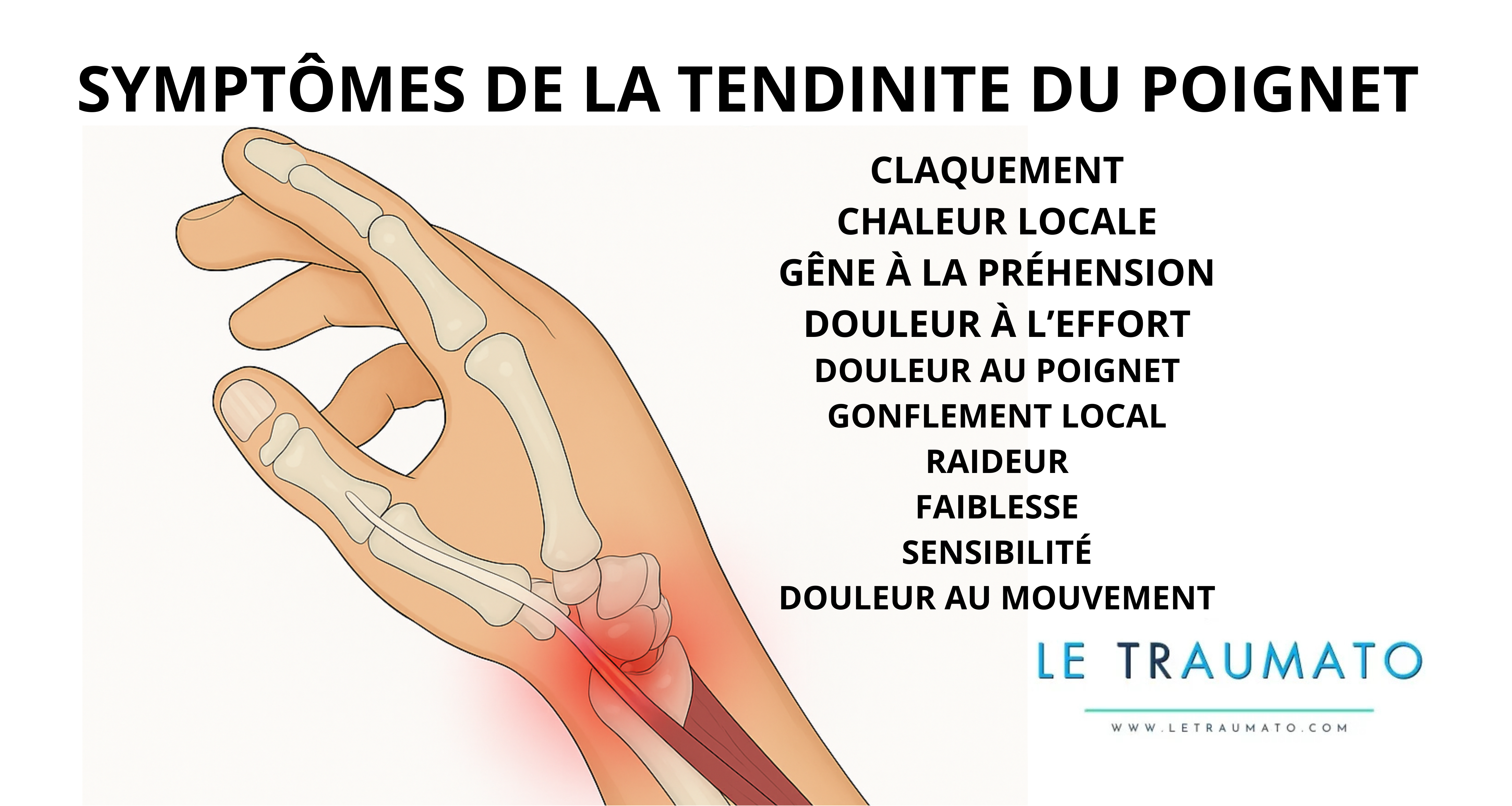 Infographie médicale illustrant les symptômes de la tendinite du poignet. À gauche, une main en coupe anatomique montrant l’inflammation des tendons. À droite, une liste en texte noir présente les symptômes clés (douleur, raideur, claquement, gonflement…). En bas à droite, logo de la marque LeTraumato.com.