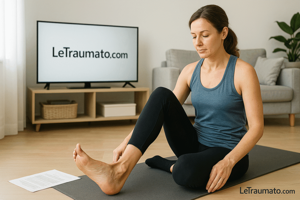 Femme effectuant un exercice pour soulager une douleur de la cheville sans gonflement – conseils orthopédiques LeTraumato.com
