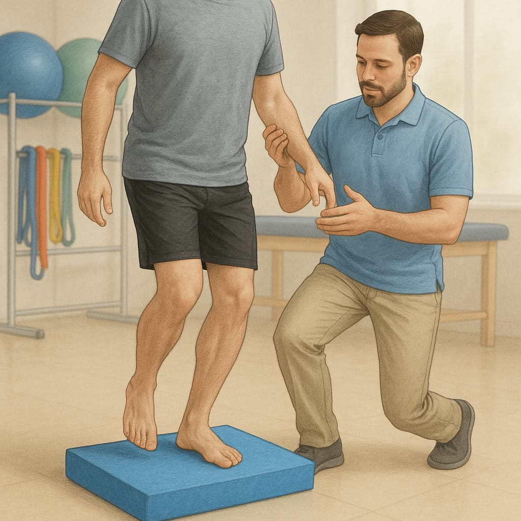 Patient en rééducation de la cheville encadré par un kiné – prévention de la douleur remontant dans la jambe – orthopédiste Traumatologie
