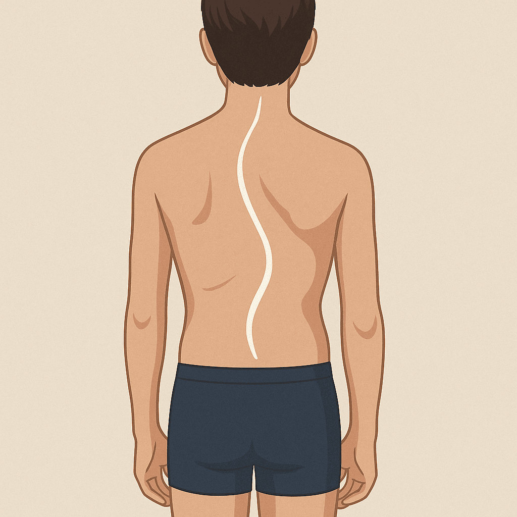 Adolescent vu de dos présentant une scoliose idiopathique, déviation latérale de la colonne vertébrale – image Traumatologie LeTraumato