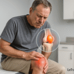 Homme souffrant de bursite du genou montrant un gonflement visible, illustration médicale – orthopédiste LeTraumato