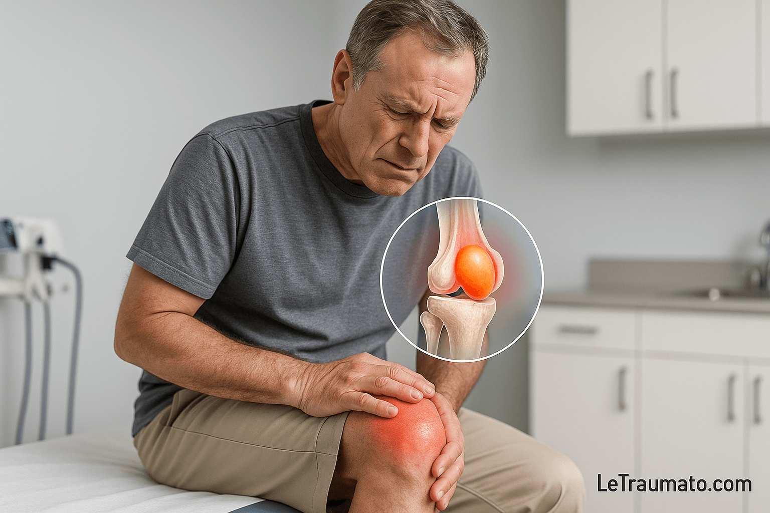 Homme souffrant de bursite du genou montrant un gonflement visible, illustration médicale – orthopédiste LeTraumato