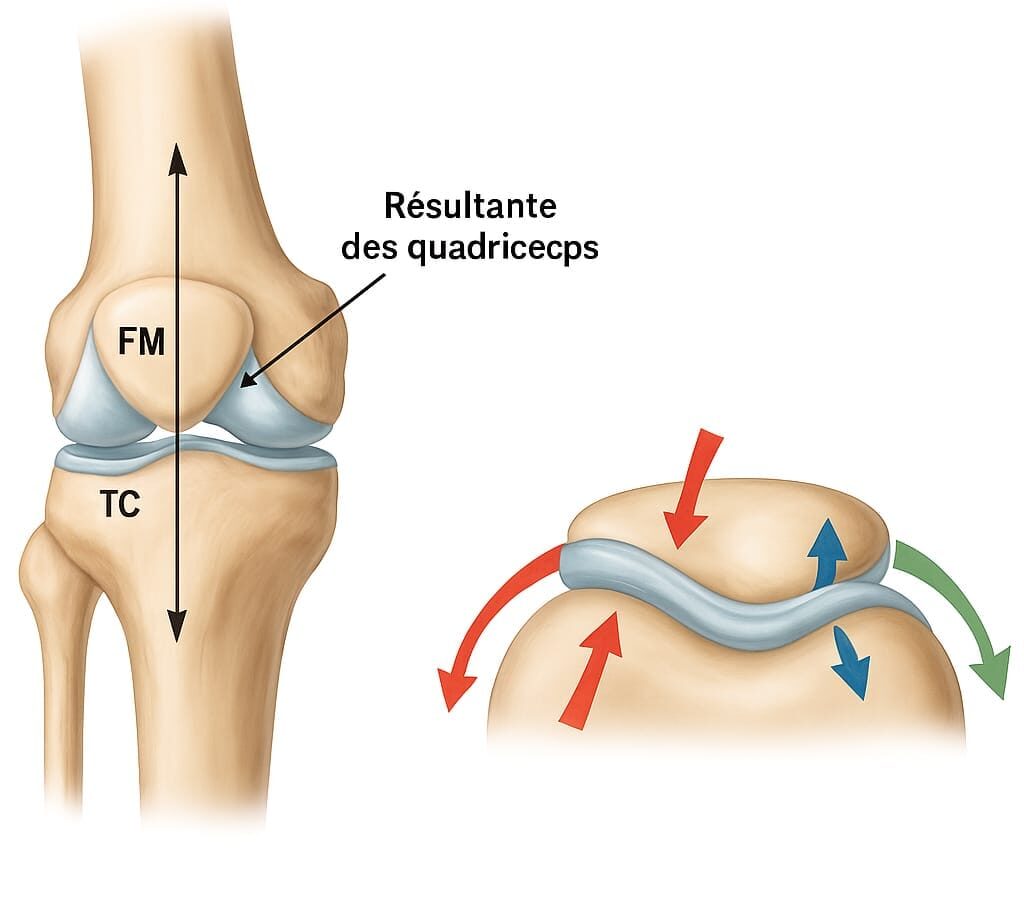 Schéma biomécanique du genou montrant les forces exercées sur la rotule. À gauche, la patella est représentée centrée entre le fémur et le tibia, avec une flèche indiquant la traction vers l’extérieur. À droite, une vue axiale illustre les pressions articulaires avec des flèches colorées (rouges, bleues, vertes). Ce visuel aide à comprendre les déséquilibres impliqués dans le syndrome fémoro-patellaire.