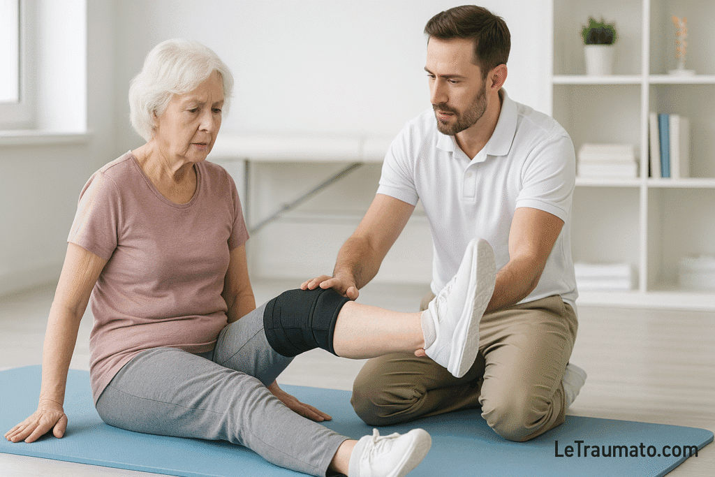 Rééducation après bursite du genou avec attelle et kinésithérapeute – orthopédiste LeTraumato