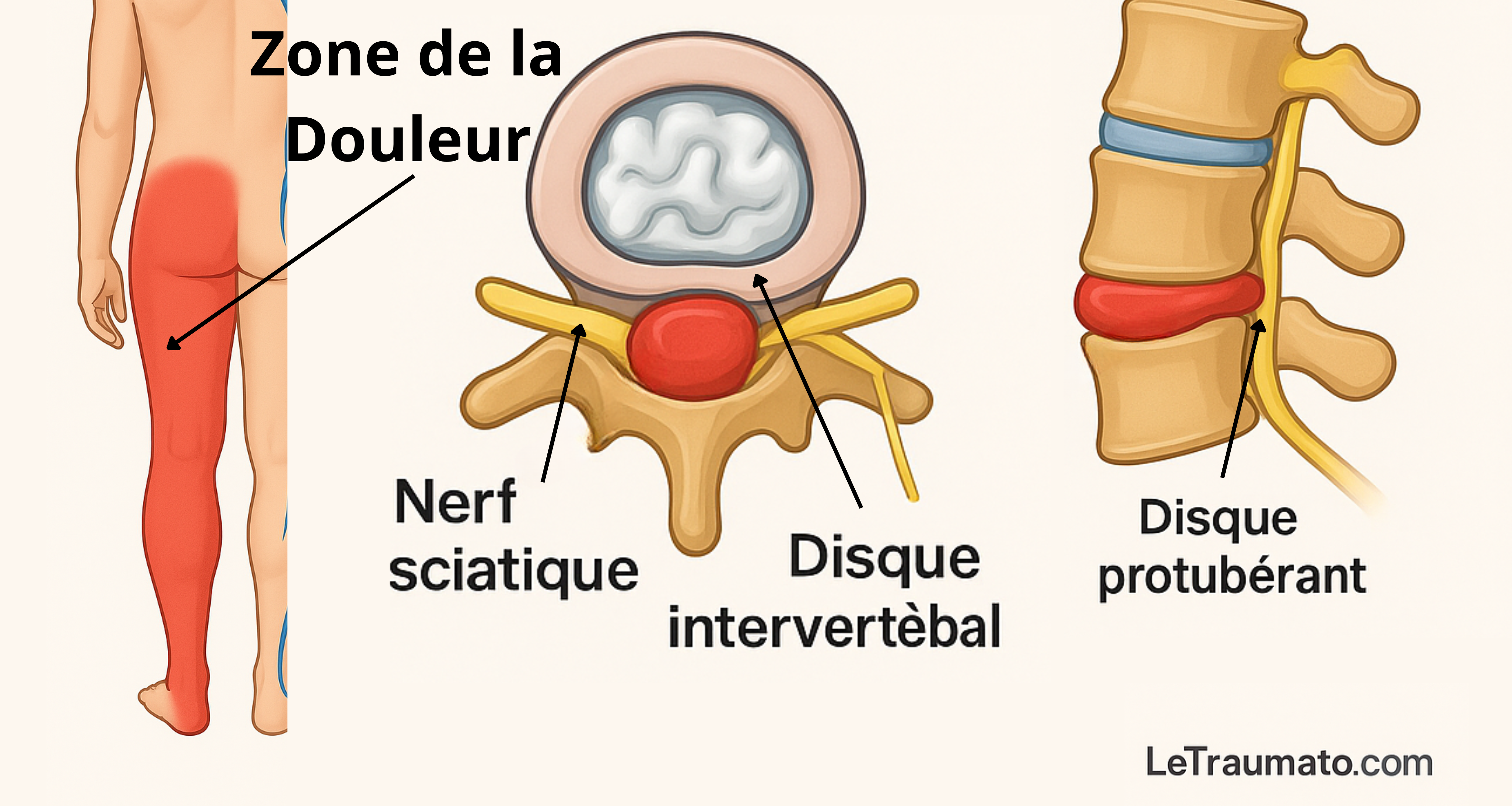 Image anatomique éducative montrant la sciatique : à gauche, une silhouette de dos avec la zone douloureuse en rouge le long du nerf sciatique ; à droite, deux vues médicales du rachis lombaire avec un disque intervertébral bombé comprimant le nerf spinal. L’image met en évidence les mécanismes de la douleur sciatique d'origine discale.
