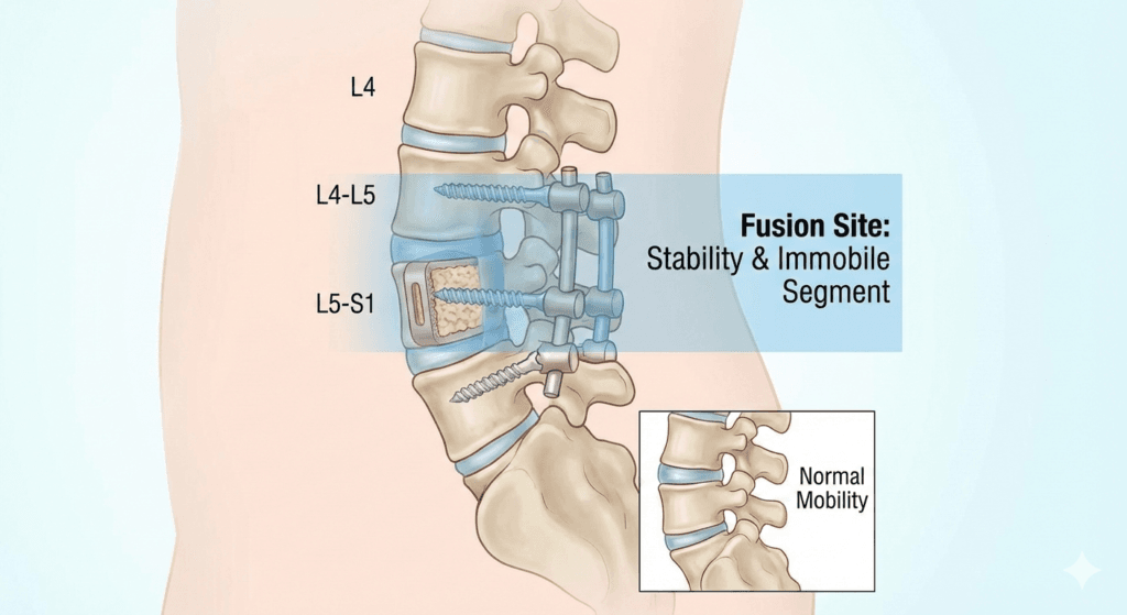 Illustration médicale d'une arthrodèse lombaire montrant le matériel de fusion (vis et tiges) entre L3, L4 et
L5 avec une cage intersomatique.