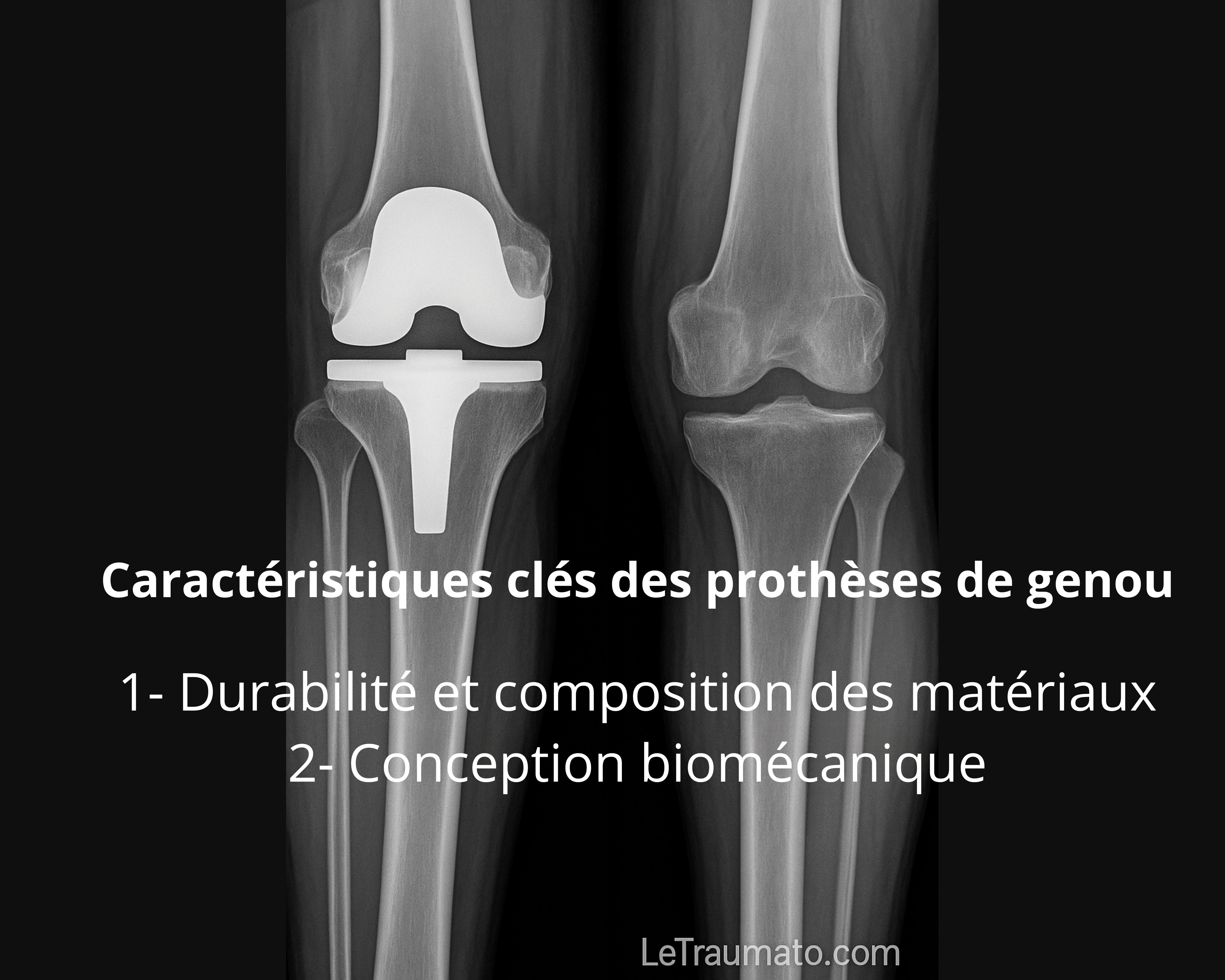 Image médicale en haute définition présentant deux genoux en radiographie : à gauche, une prothèse totale avec tige fémorale et plateau tibial visibles ; à droite, un genou natif pour comparaison. Le texte central indique les deux caractéristiques clés : durabilité des matériaux et conception biomécanique. Ce visuel éducatif est signé LeTraumato.com et destiné à la vulgarisation orthopédique.