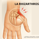 Illustration médicale montrant l’articulation trapézo-métacarpienne affectée par la rhizarthrose, avec une main vue de face. Le zoom met en évidence l’usure du cartilage à la base du pouce, des déformations osseuses typiques et une zone rouge symbolisant l’inflammation. Image étiquetée avec le titre « La Rhizarthrose » et la mention LeTraumato.com.