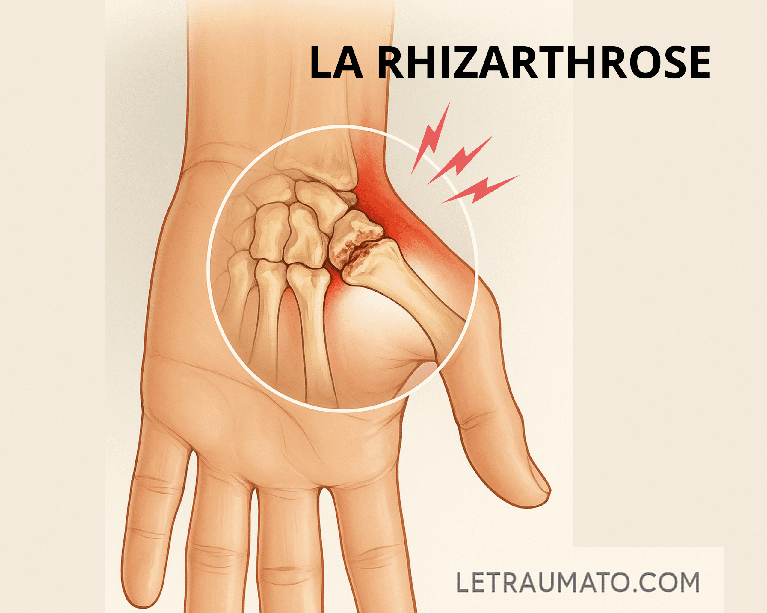 Illustration médicale montrant l’articulation trapézo-métacarpienne affectée par la rhizarthrose, avec une main vue de face. Le zoom met en évidence l’usure du cartilage à la base du pouce, des déformations osseuses typiques et une zone rouge symbolisant l’inflammation. Image étiquetée avec le titre « La Rhizarthrose » et la mention LeTraumato.com.