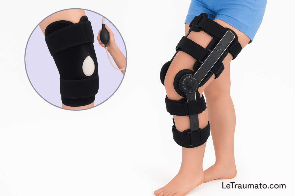 Image composite montrant à droite une attelle de genou post-opératoire à charnières réglables, fixée avec des sangles robustes, et à gauche une attelle de cryothérapie équipée d’un coussin de gel compressif gonflable. L’ensemble met en valeur les fonctions distinctes de chaque attelle dans la gestion post-chirurgicale et la réduction de la douleur. Signature discrète “LeTraumato.com”.