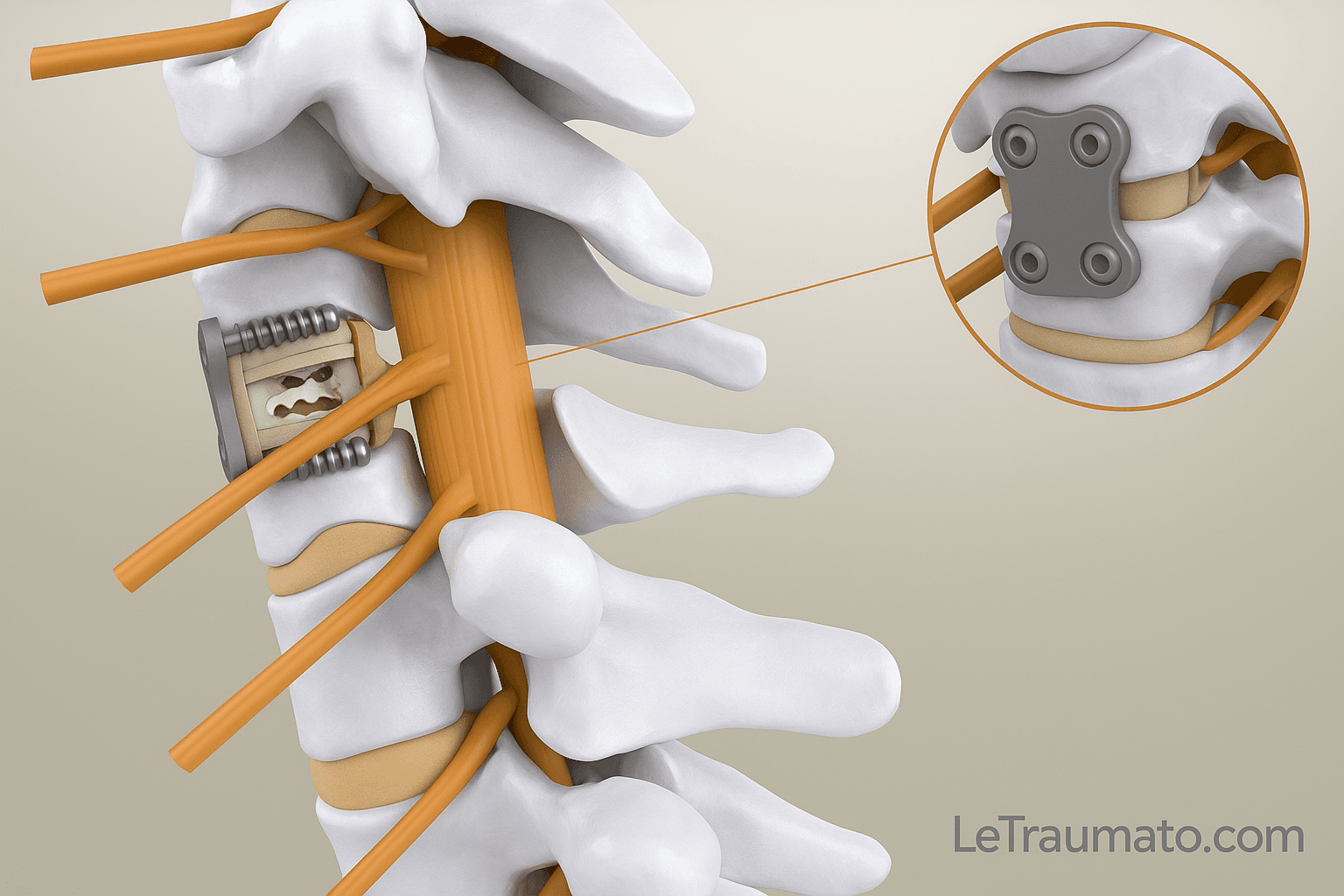 Illustration 3D médicale montrant une arthrodèse cervicale antérieure. On y voit une cage intersomatique fixée entre deux vertèbres cervicales, avec une plaque vissée en avant, des vis métalliques, et les nerfs rachidiens en orange. Un zoom circulaire détaille la plaque de fixation. Image pédagogique, claire et réaliste, idéale pour l’enseignement chirurgical.