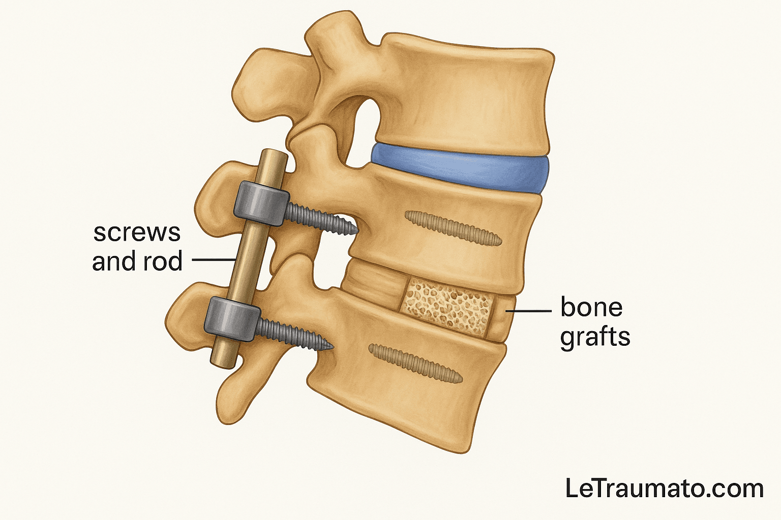 Vue latérale d’une colonne lombaire illustrant une arthrodèse avec vis et tige. L’image montre une trajectoire discutable des vis, proches des foramens intervertébraux, avec un greffon osseux entre deux vertèbres. Cette configuration peut entraîner un conflit avec les racines nerveuses et des douleurs post-opératoires. Image explicative à visée pédagogique, signée LeTraumato.com.