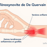 Illustration anatomique extraite de l’article Tendinites du poignet, mettant en évidence la ténosynovite de De Quervain : inflammation des tendons du pouce au niveau du poignet, avec zones rouges illustrant la douleur, structures osseuses visibles et annotations claires. Mention discrète de la marque LeTraumato.com.
