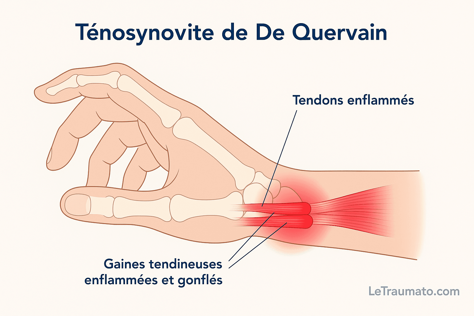 Illustration anatomique extraite de l’article Tendinites du poignet, mettant en évidence la ténosynovite de De Quervain : inflammation des tendons du pouce au niveau du poignet, avec zones rouges illustrant la douleur, structures osseuses visibles et annotations claires. Mention discrète de la marque LeTraumato.com.